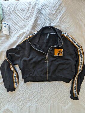 MTV Cropped Jacket Womens Size Medium Black Jogger Full Logo Sleeves Full Zip